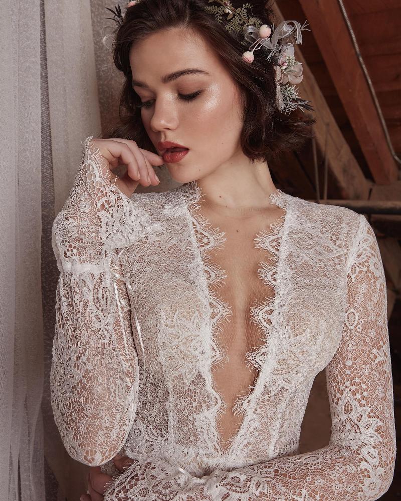 Lp2123 long sleeve lace boho wedding dress with v neck and sheath silhouette3